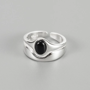 S925 Sterling Silver Black Agate Open Ring For Women Korean Minimalist Irregular Geometric Finger Ring Adjustable Jewelry