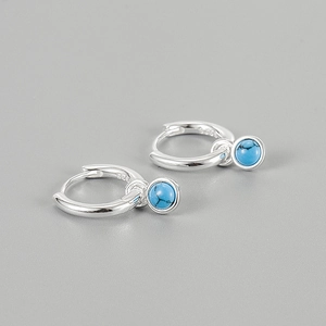 Minimalist S925 sterling silver hoop earrings with round blue turquoise pendants