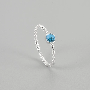 S925 Sterling Silver Adjustable Ring For Women Synthetic Blue Turquoise Hammered Texture Minimalist Open Design Jewelry Gift