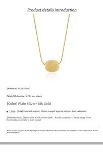 Detail view of S925 silver 18K gold bean pendant necklace with dimensions and weight info