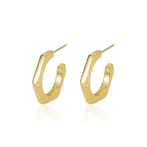 S925 sterling silver C-shaped hexagonal hoop earrings with polished gold plating