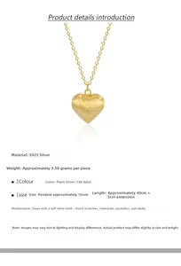 Macro detail of S925 sterling silver heart necklace showing 15mm matte gold pendant dimensions