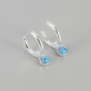 925 Sterling Silver Turquoise Hoop Earrings For Women Korean Style Minimalist Round Blue Stone Dangle Earring Jewelry Gift