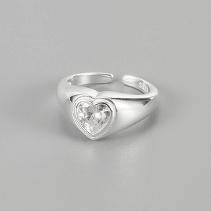S925 Sterling Silver Heart Shaped Rhinestone Open Ring For Women Adjustable Minimalist Wide Band Finger Ring Jewelry Gift