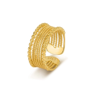 S925 sterling silver multilayer beaded open ring with vintage gold plated finish