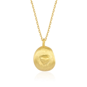 Matte gold S925 silver necklace with a brushed finish round pendant and small heart