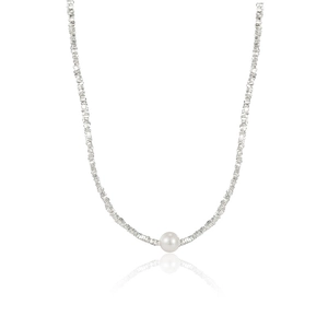 Elegant S925 sterling silver necklace with natural freshwater pearl and faceted silver beads