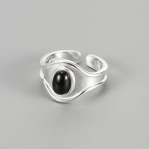 925 Sterling Silver Oval Black Agate Adjustable Open Ring For Women Retro Minimalist INS Style Fashion Jewelry Ring
