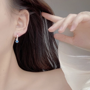 Minimalist S925 sterling silver hoop earrings with a round blue turquoise stone pendant