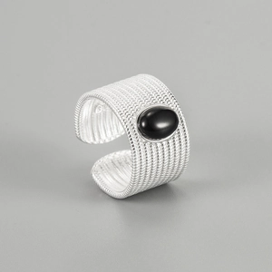 Vintage 925 Sterling Silver Black Agate Braided Rope Ring For Women Heavy Industry Oval Gemstone Inlaid Finger Jewelry