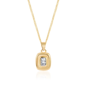 Chic 925 sterling silver gold necklace with a rectangular clear crystal stone pendant