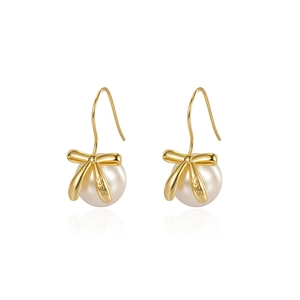 Elegant S925 sterling silver bow earrings with round white pearl pendants for women