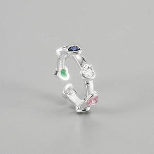 925 Sterling Silver Heart Shaped Ring For Women Korean Trendy Colorful Zirconia Open Adjustable Finger Ring Gift