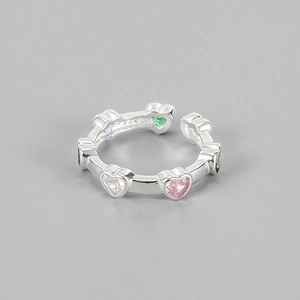 Adjustable S925 silver ring featuring multi-colored heart-shaped zircon gemstones