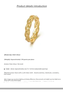 Macro shot of 925 sterling silver braided ring showing 18K gold finish and size details