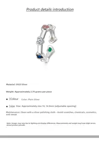 Detail view of S925 sterling silver ring with colorful heart zircons and product specs