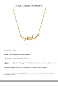Detailed view of S925 sterling silver barbed wire pendant with 18K gold plating finish