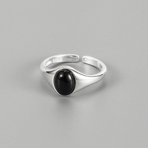 S925 Sterling Silver Black Onyx Open Ring For Women Minimalist Geometric Oval Agate Adjustable Finger Ring Retro INS Jewelry