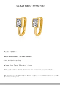Macro detail of S925 sterling silver rectangular zircon hoop earrings with 18K gold plating