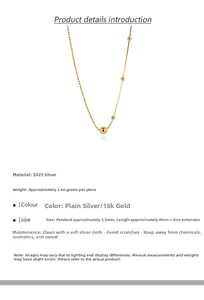 Detailed view of S925 sterling silver ball pendant necklace with 18K gold plated finish