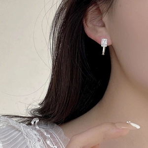 Elegant S925 sterling silver hoop earrings featuring a rectangle cubic zirconia stone