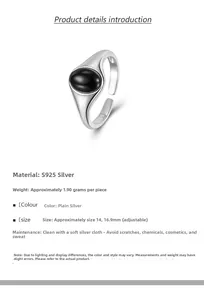 Detail of adjustable S925 sterling silver ring featuring a black agate gemstone inlay