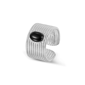 S925 sterling silver ring with braided texture and oval black agate gemstone