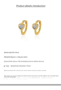 Detail of S925 silver heart twist hoop earrings with zircon stone and 14mm size specs
