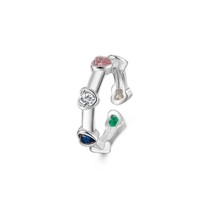 Adjustable S925 silver ear cuff featuring five colorful heart-shaped cubic zirconia stones