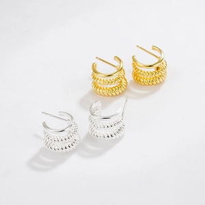 Minimalist S925 sterling silver geometric multi-layer twisted rope C-shaped hoop earrings