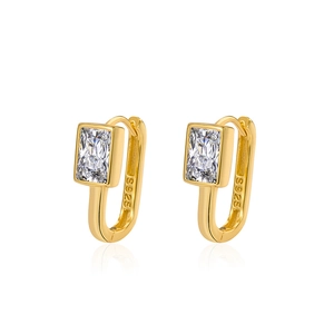 Elegant gold S925 sterling silver hoop earrings with rectangular zircon stones