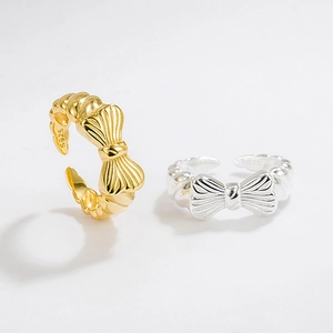 S925 sterling silver bow knot open rings in gold and silver with textured finish