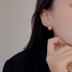 Minimalist S925 sterling silver geometric multi-layer textured gold hoop earrings on model