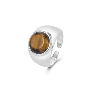 Anillo ajustable de plata de ley 925 con piedra ojo de tigre redonda y banda ancha