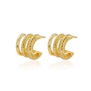 S925 sterling silver multilayer geometric gold earrings with twisted rope texture and reflection