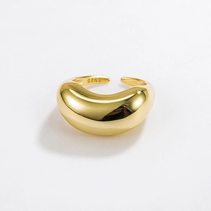 Bague Ouverte Haricot Minimaliste en Argent Sterling S925 Géométrique Ovale Ajustable Poli Or Argent Bijoux pour Femmes