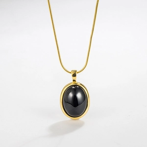 925 Sterling Silver Black Agate Oval Pendant Necklace Minimalist INS Style Gold Plated Snake Chain Clavicle Chain Jewelry For Women