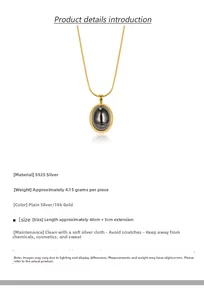 Detail view of oval black agate pendant with S925 silver 40cm chain and 4.15g weight specs