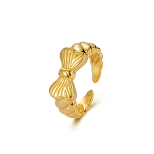 Polished S925 sterling silver bow knot open ring with vintage textured finish in gold