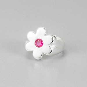 925 Sterling Silver Flower Zirconia Adjustable Open Ring Pink Stone White Enamel Vintage Elegant Jewelry For Women Gift
