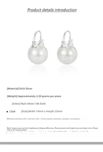 Macro view of S925 silver pearl drop earrings with 14mm round shell pearls and hook detail