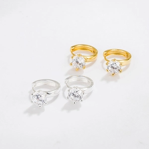 Classic S925 sterling silver hoop earrings with six-prong cubic zirconia in gold and silver