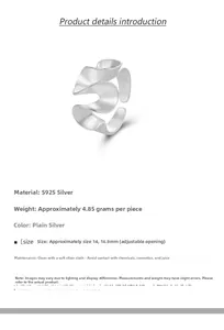 Detailed view of S925 sterling silver matte wavy ring with adjustable open band and 4.85g weight