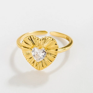 S925 Sterling Silver 18K Gold Plated Pleated Heart Rhinestone Open Adjustable Ring For Women Retro French Fashion Finger Ring