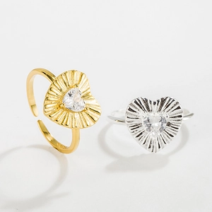 S925 sterling silver heart rings with pleated texture and zircon stones in gold and silver