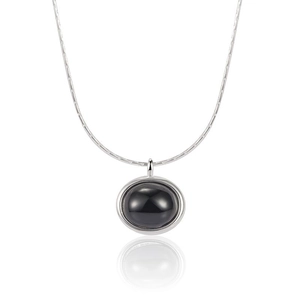 S925 sterling silver necklace with oval black onyx pendant on a sleek snake chain