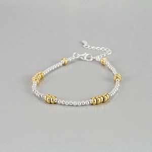 925 Sterling Silver Minimalist Beaded Bracelet For Women Contrast Color Two-Tone Small Beads Bracelet Adjustable Extension Chain