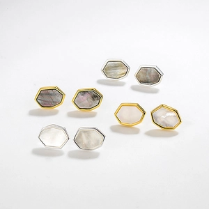 S925 Sterling Silver Geometric Hexagonal Stud Earrings For Women With Natural Mother Of Pearl Shell Inlaid Elegant Jewelry