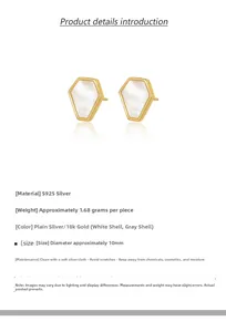 Detailed view of geometric hexagonal 925 silver stud earrings with white shell inlay