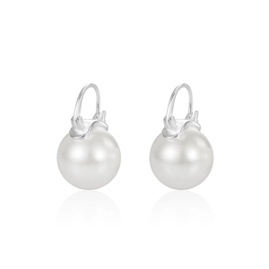 Classic S925 sterling silver lever-back earrings featuring round white pearls on white background
